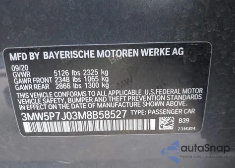 2021 BMW 3 Series 330E z USA, uszkodzony, nr VIN 3MW5P7J03M8B58527